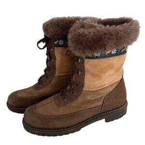 Kandahar Brown Leather Boots Women Size 10 US 42 EU Shearling Lined Embroidered